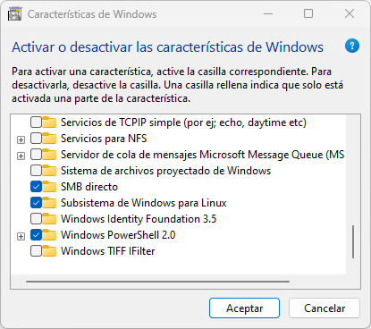 Característica seleccionada Subsistema de Windows para Linux