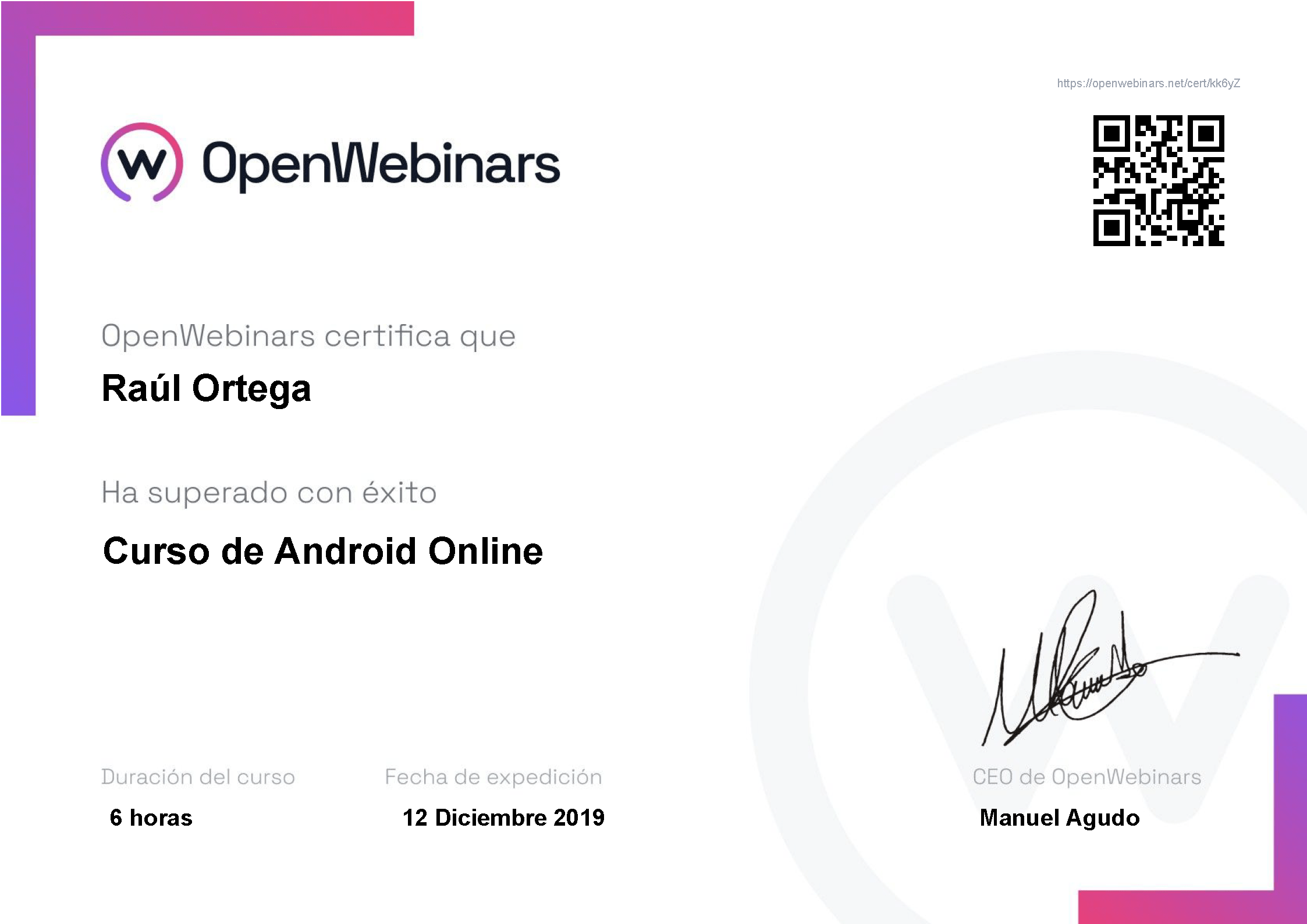 Certificado OpenWebinars Android Online