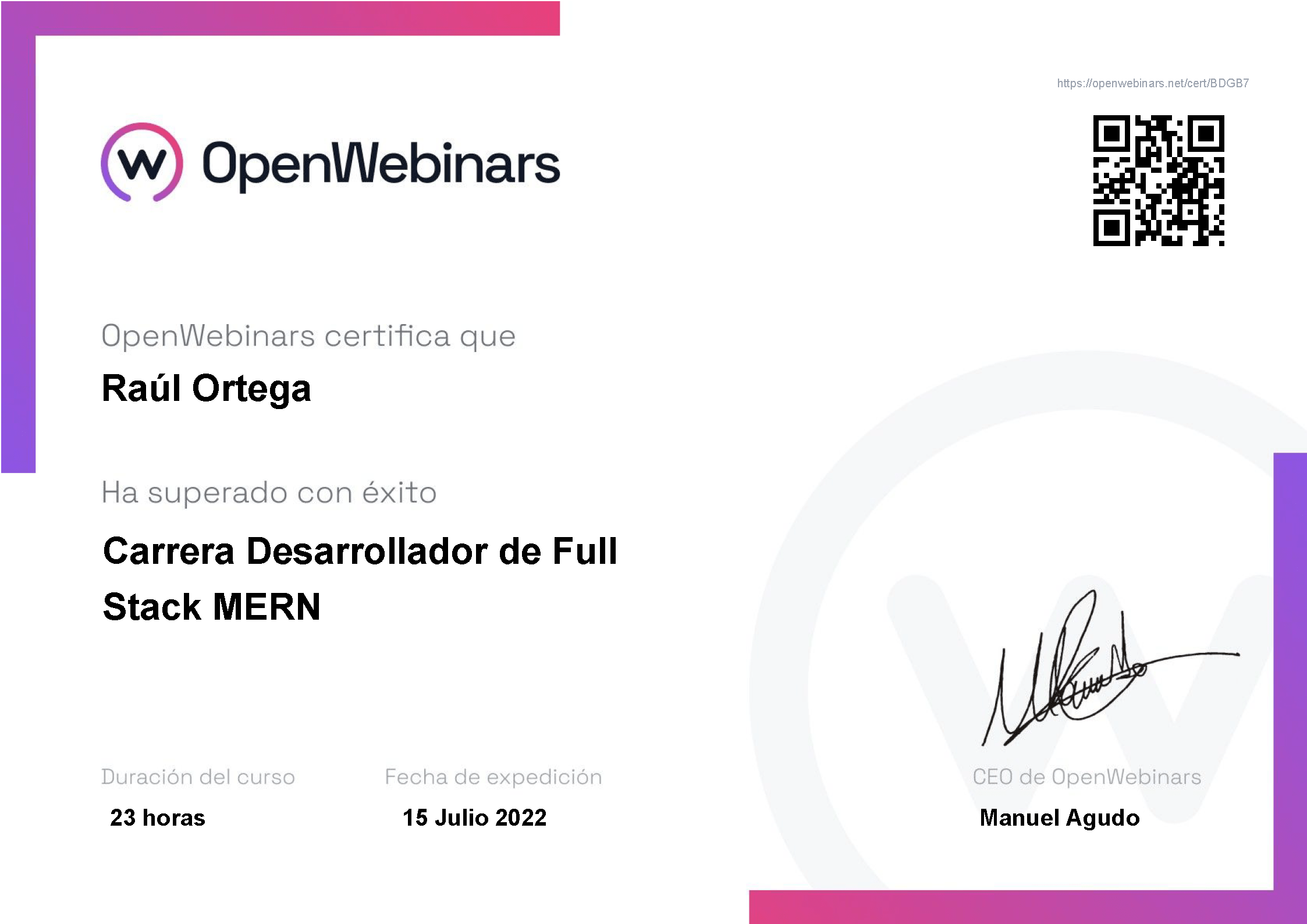 Certificado Carrera OpenWebinars Full Stack MERN