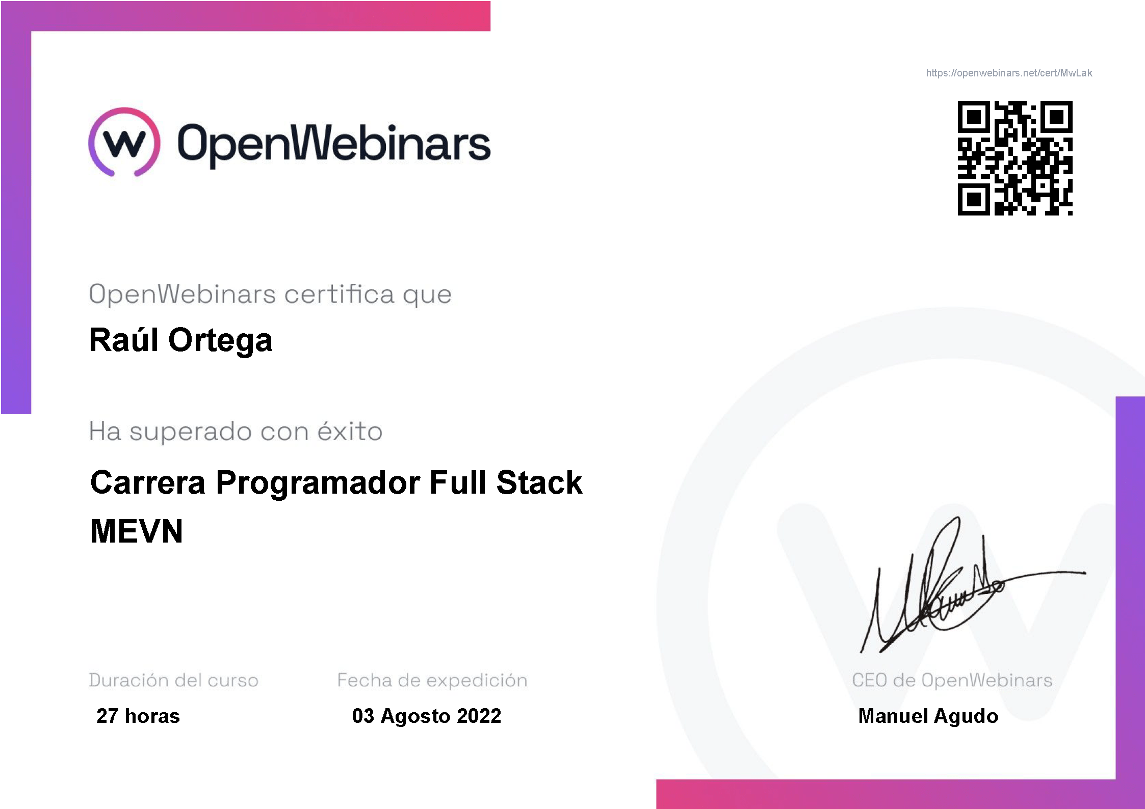 Certificado Carrera OpenWebinars Full Stack MEVN