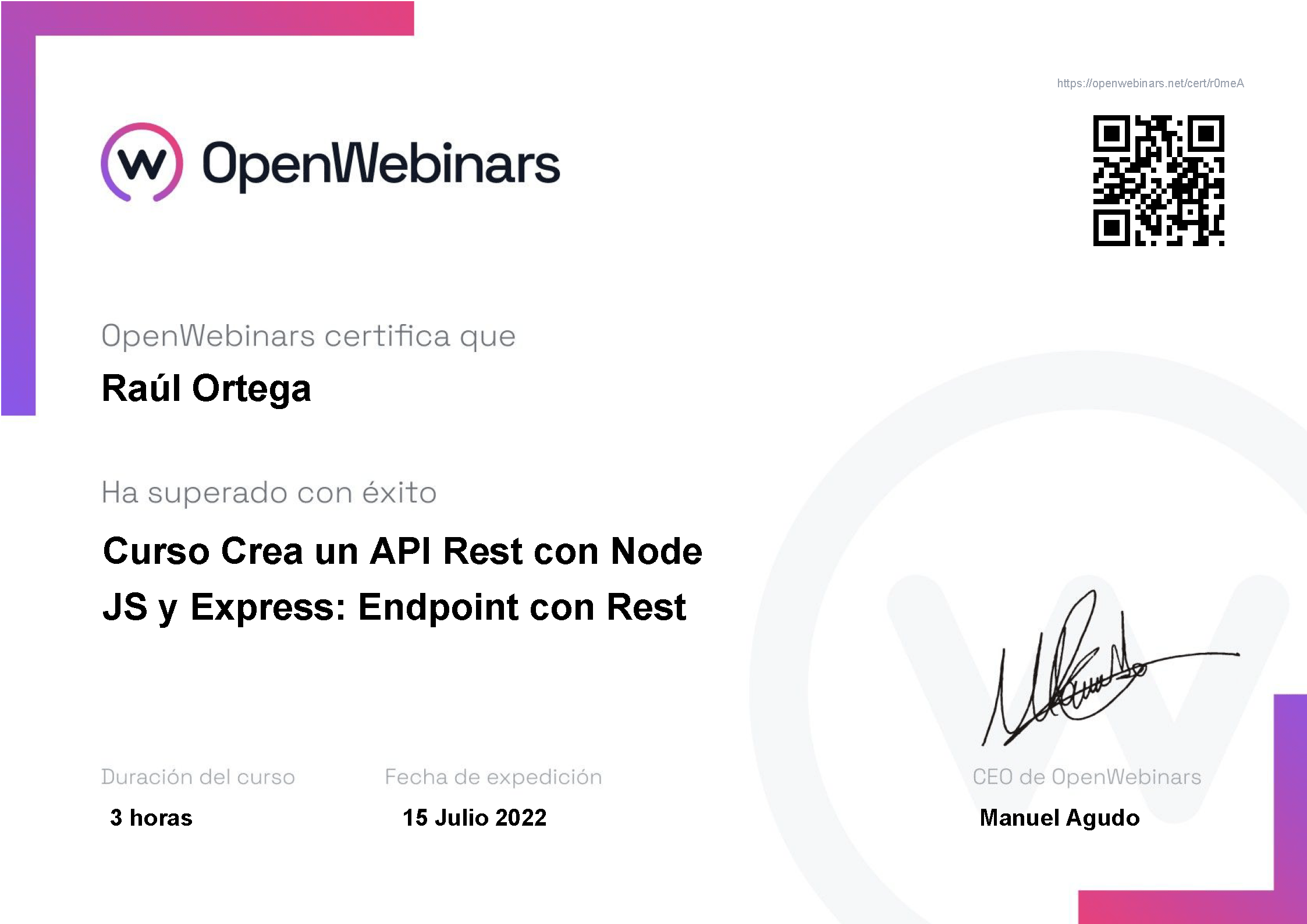 Certificado OpenWebinars API Rest NodeJS y Express Endpoint con Rest