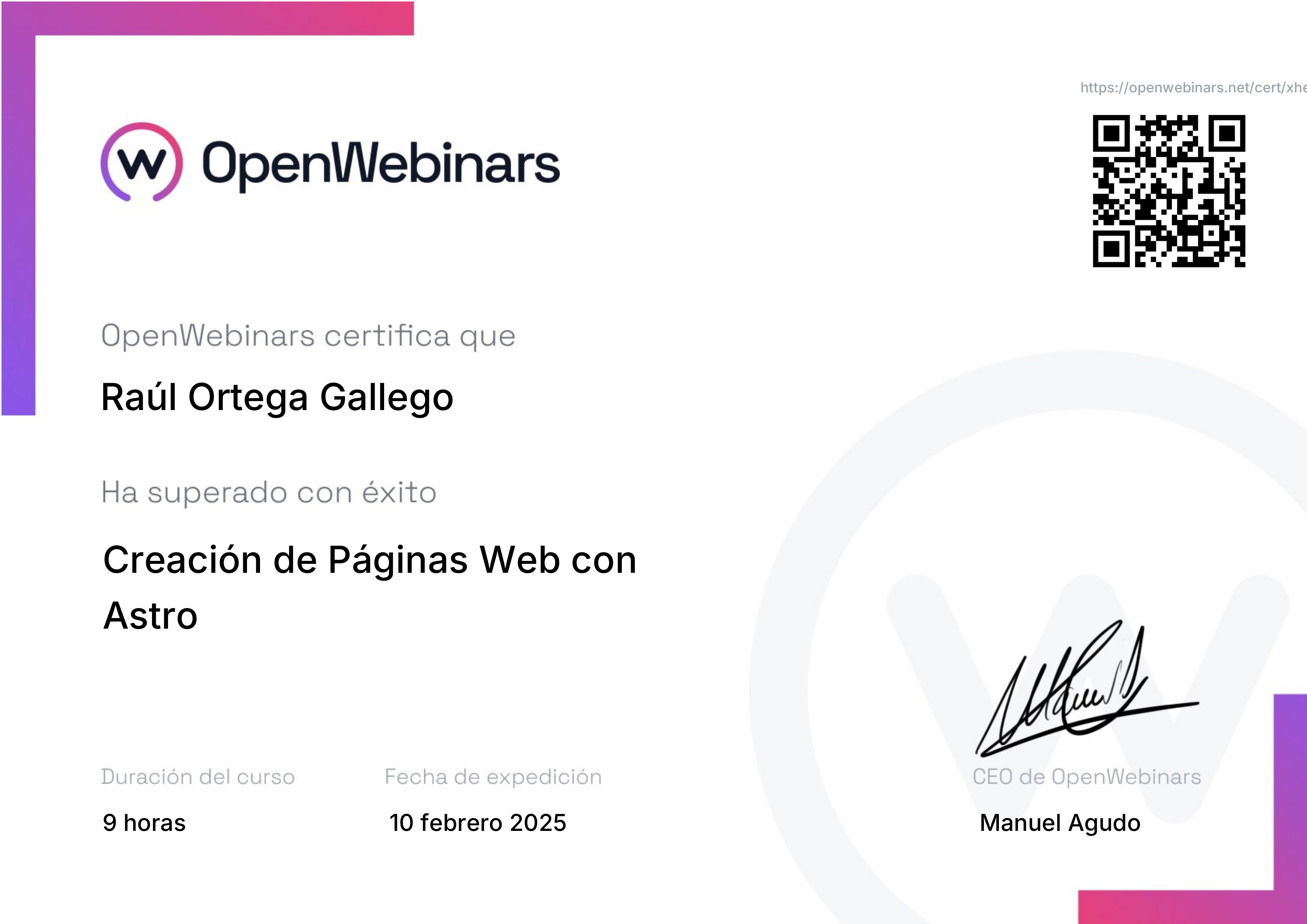 Certificado OpenWebinars Creación de páginas web con Astro