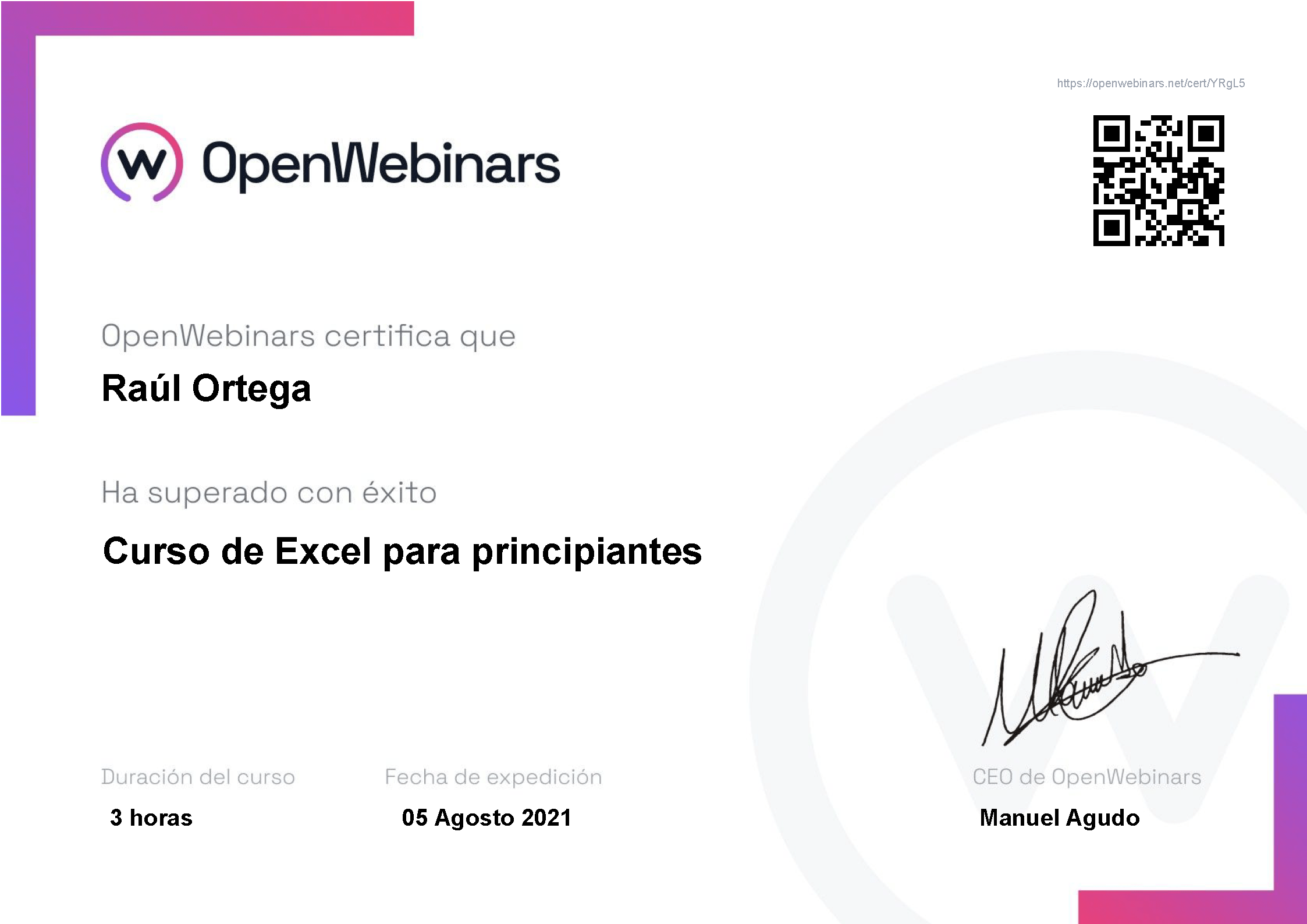 Certificado OpenWebinars Excel para principiantes