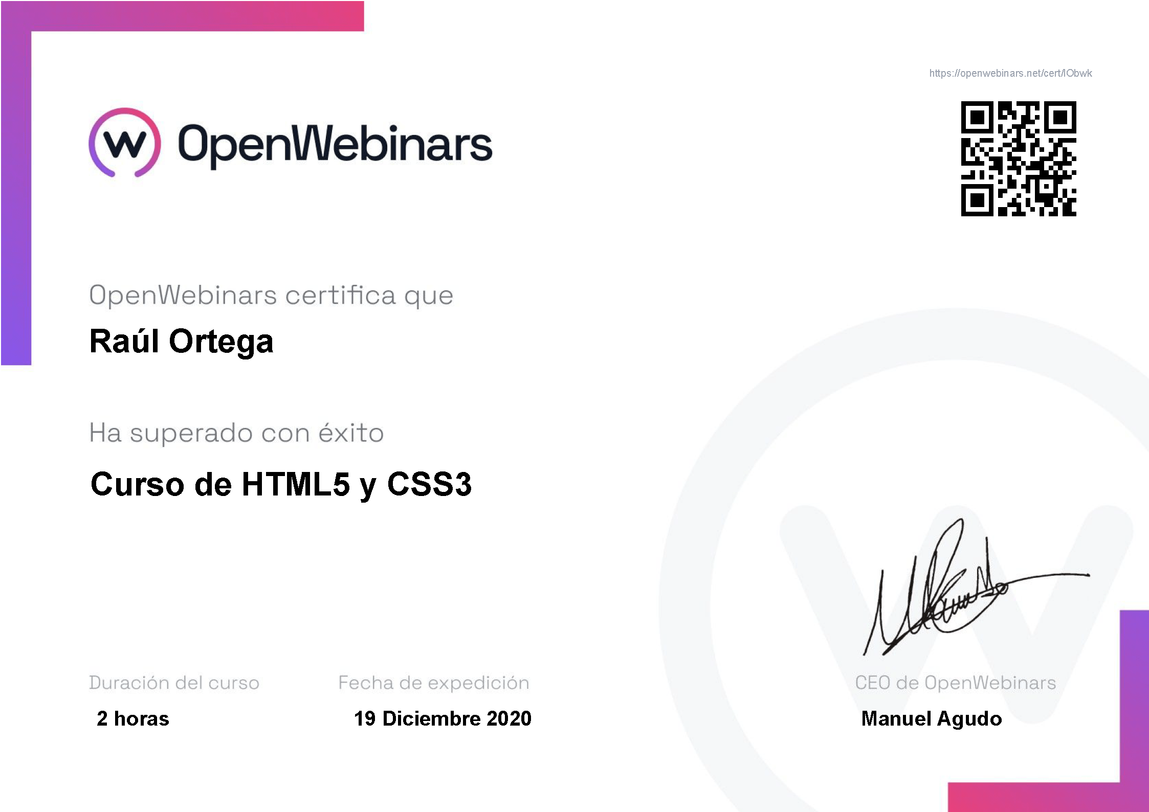 Certificado OpenWebinars HTML5 y CSS3