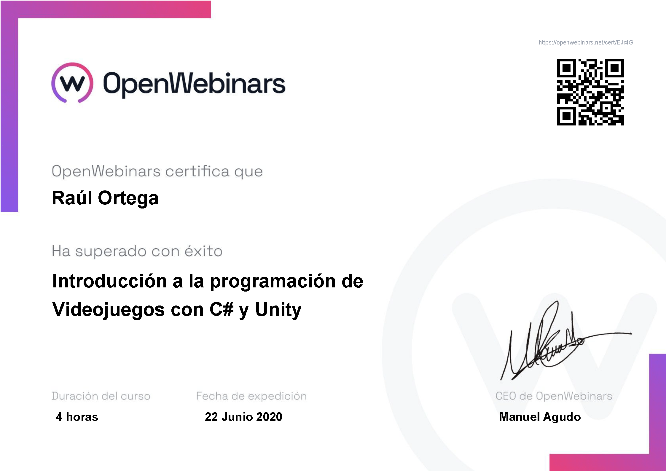 Certificado OpenWebinars Introducción a la programación de videojuegos con C# y Unity