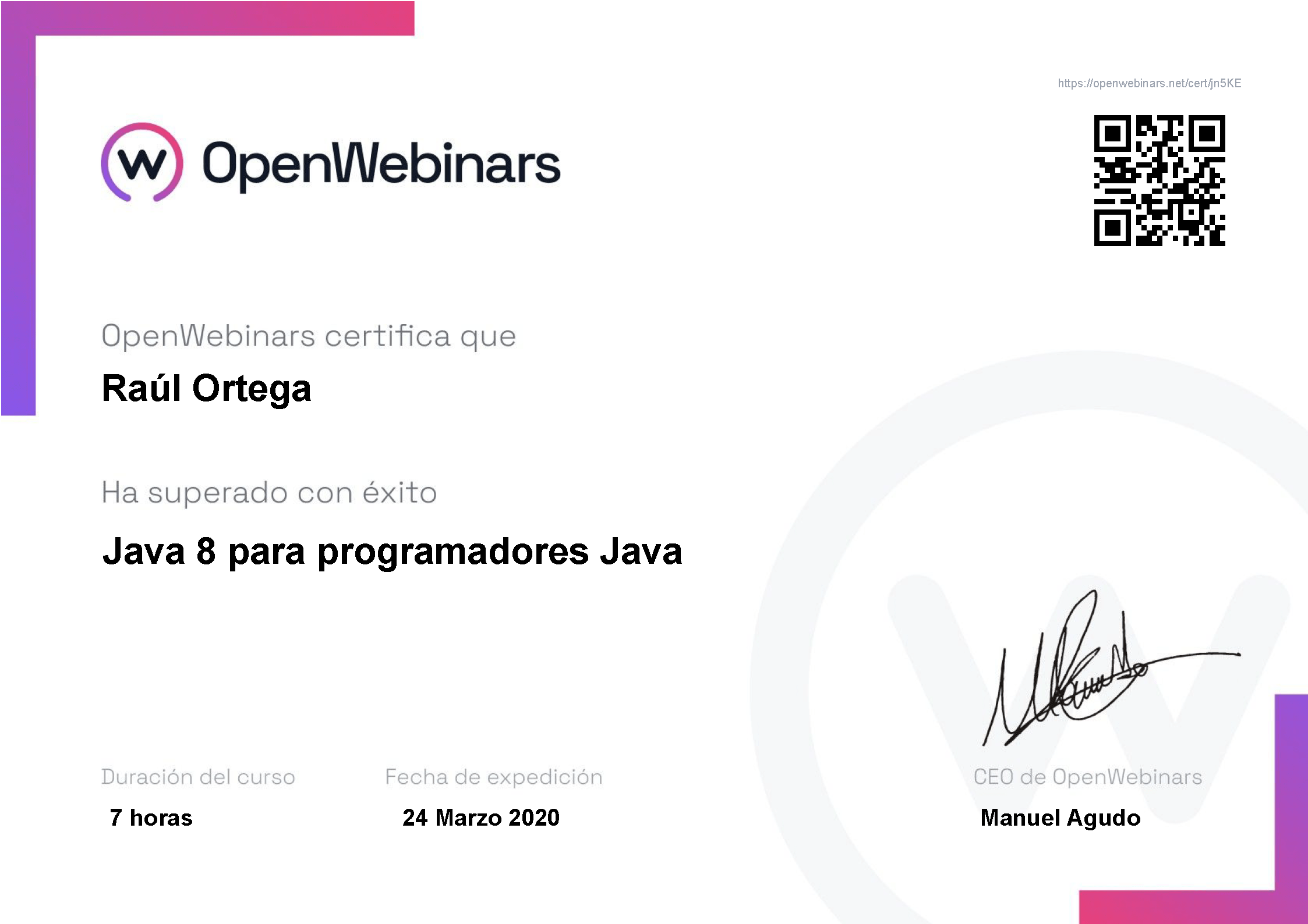 Certificado OpenWebinars Java 8 para programadores Java