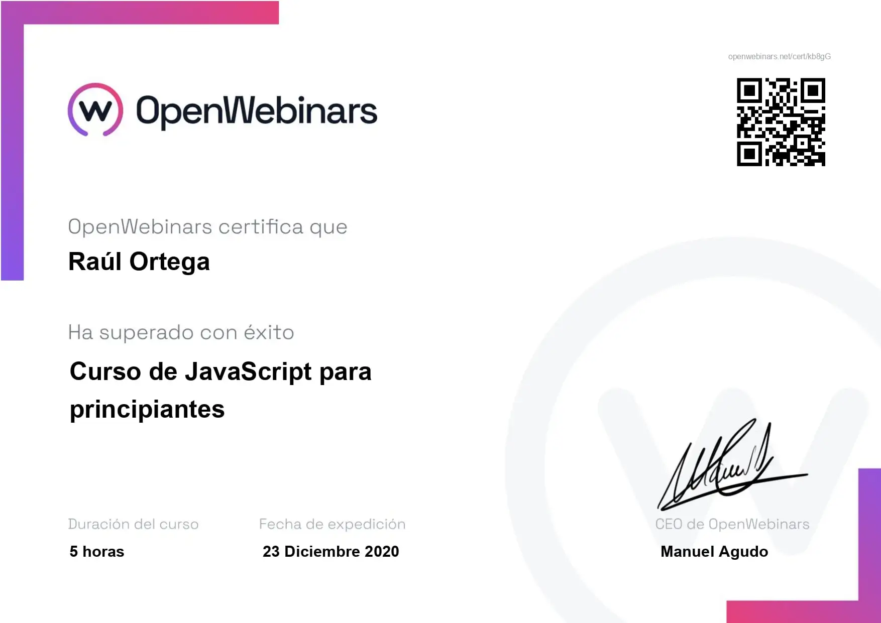 Certificado OpenWebinars JavaScript para principiantes