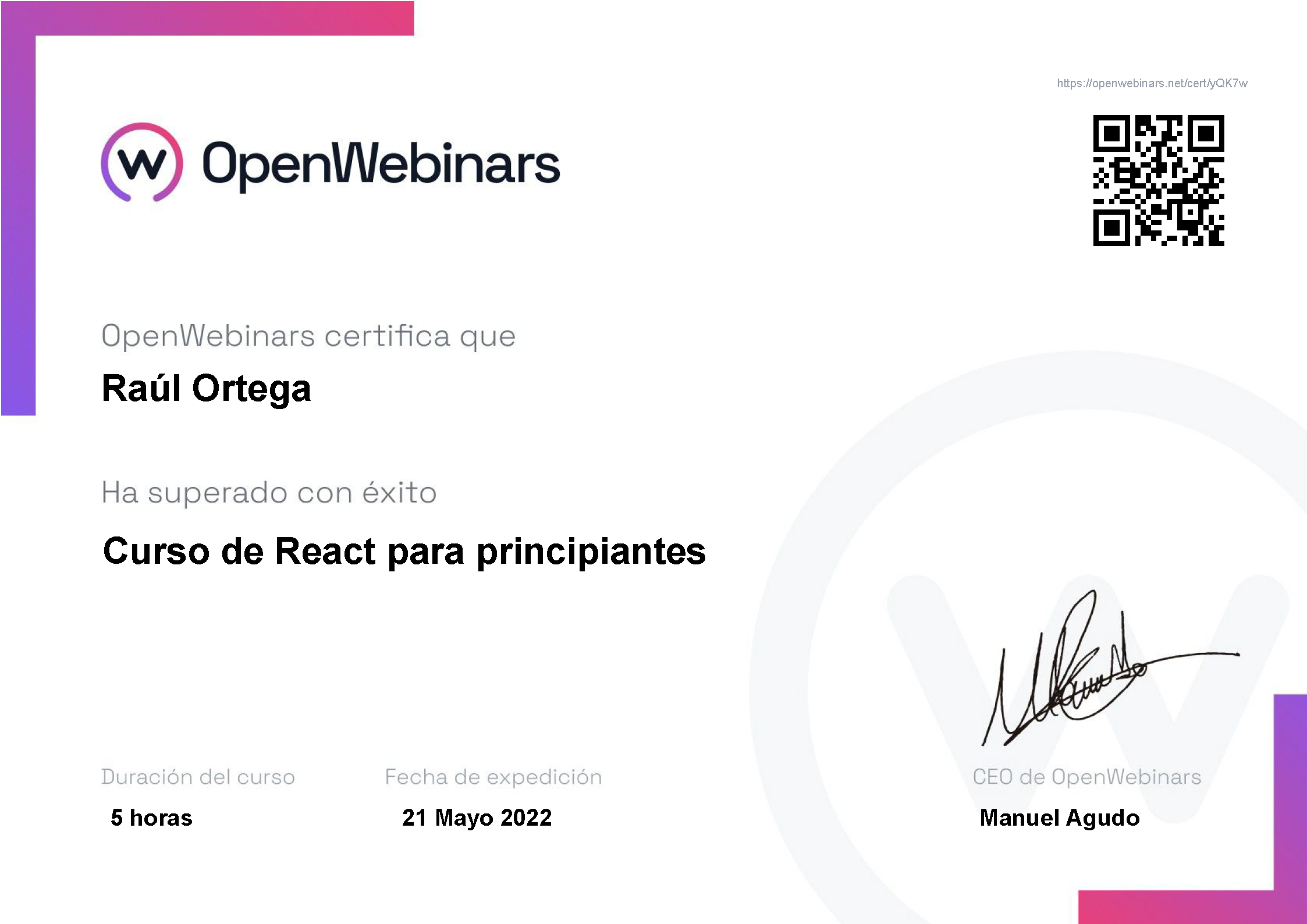 Certificado OpenWebinars React para principiantes