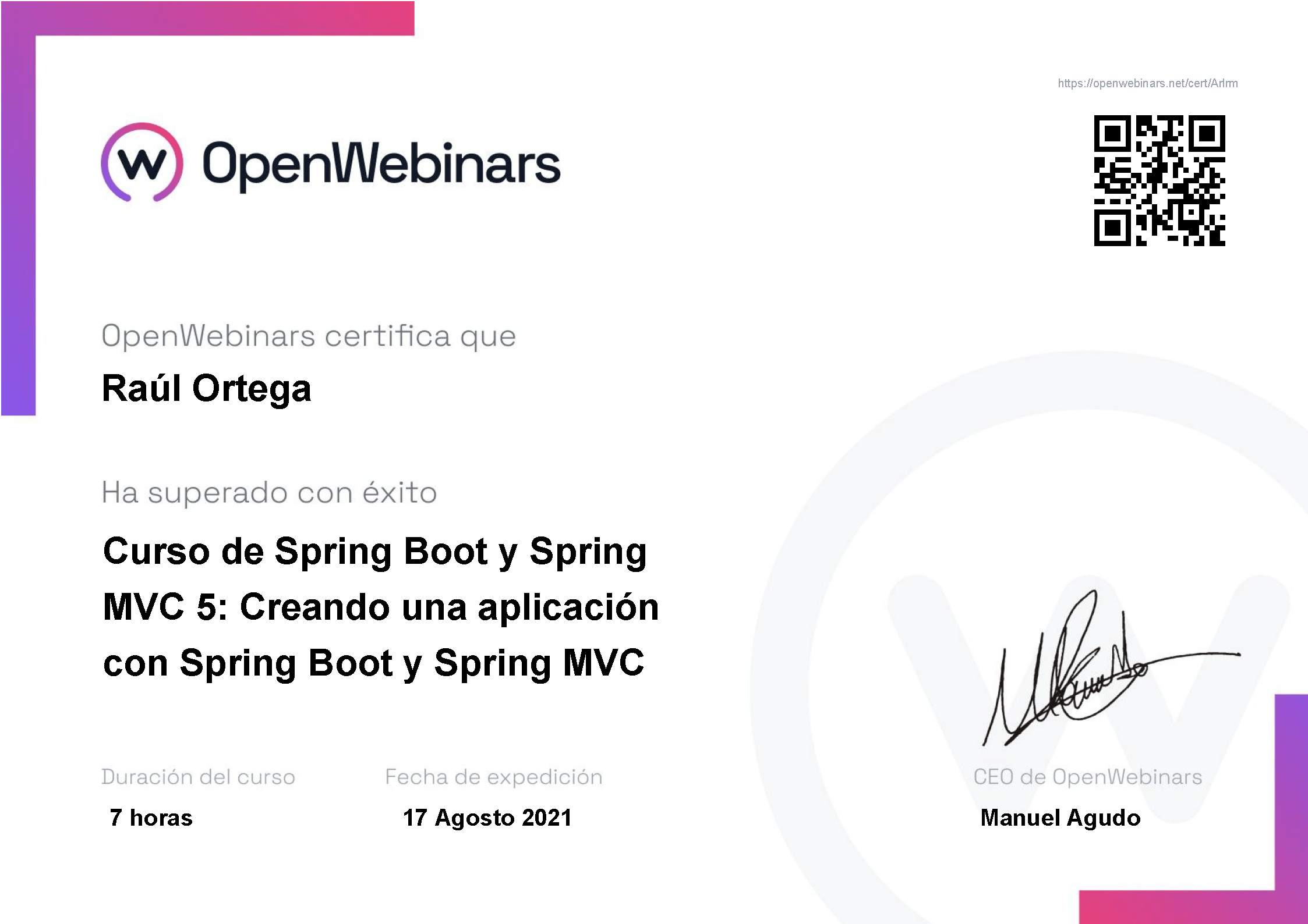 Certificado OpenWebinars Spring Boot y Spring MVC 5