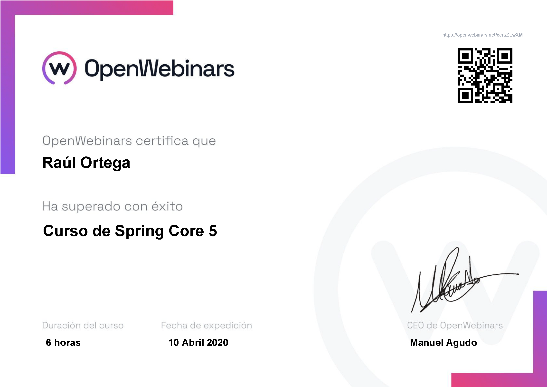 Certificado OpenWebinars Spring Core 5